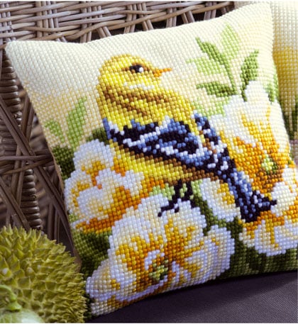 Cojín Pájaro Azul Y Amarillo con Flores de Vervaco - Almohadas - Kit punto  de cruz Kit - Casa Cenina